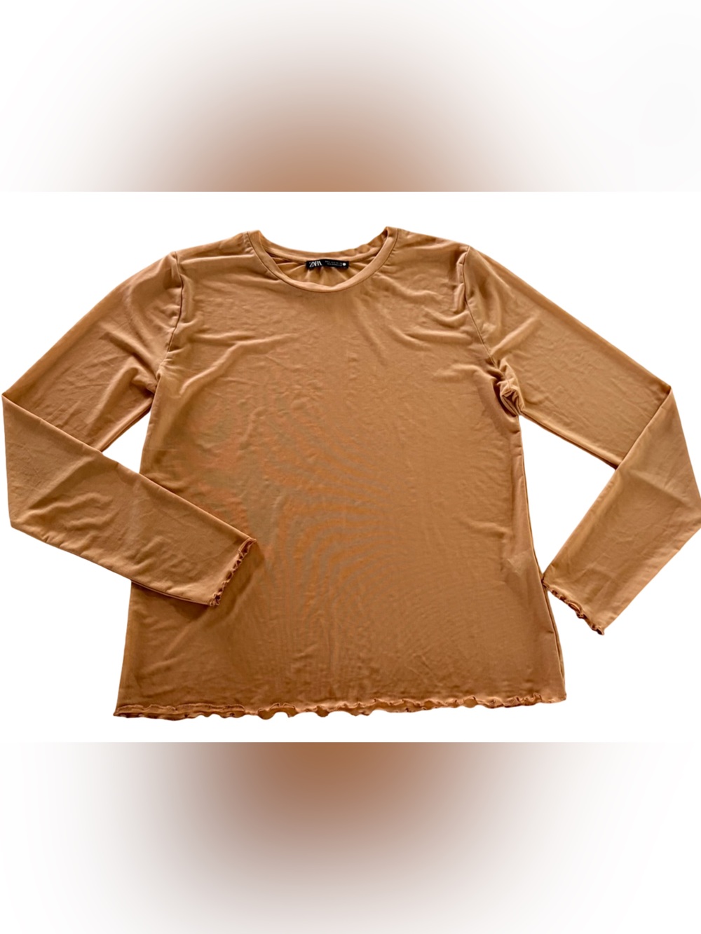 Zara Long Sleeve Lettuce Edge Top in Tan